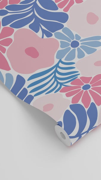 ESTAhome Tapete Blumen im Matisse-Stil Blau und Rosa - 50 x 900 cm - 131006