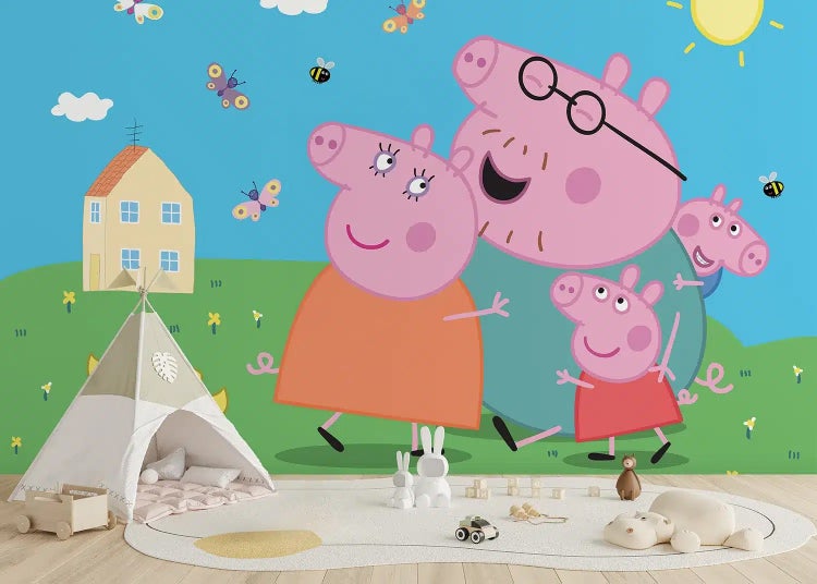 Fototapete mit Peppa Wutz Familie im Kinderzimmer, kombiniert mit einem Spielzelt Tipi und diversen Spielzeugen auf einem runden Teppich.