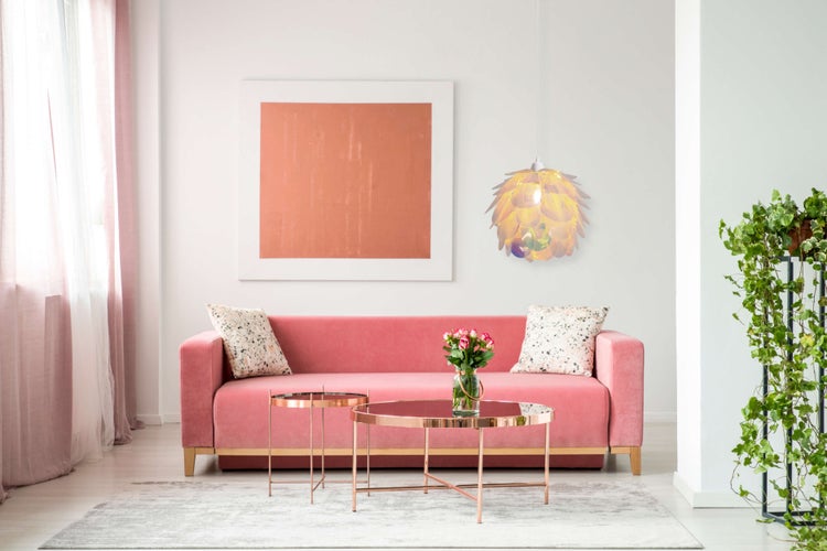 Wohnzimmer mit Sofa, Couchtisch, Lampe, Pflanze und Dekoration