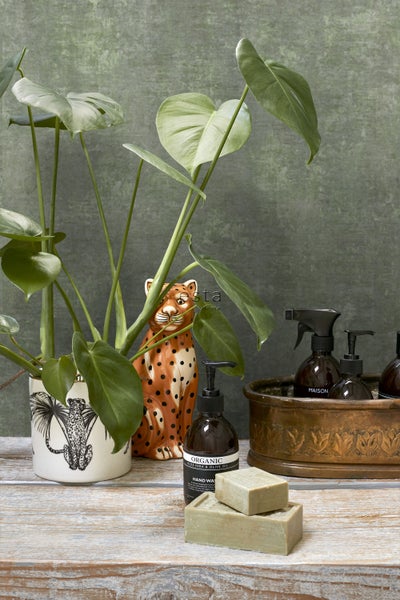 Dekoratives Arrangement mit Zimmerpflanze, Tierfigur, Seife und Reinigungsflaschen