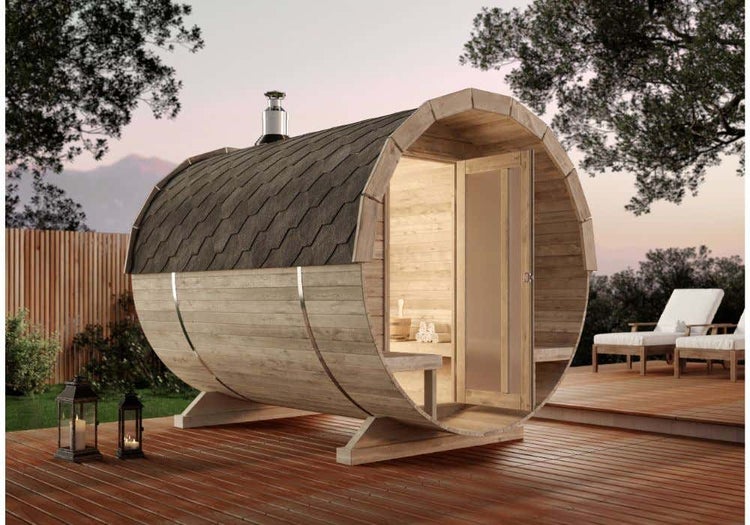 FinnTherm Fasssauna Carrie Fasssauna 2 Sitzbänke aus Holz Sauna mit 42 mm Wandstärke, Außensauna mit Montagematerial