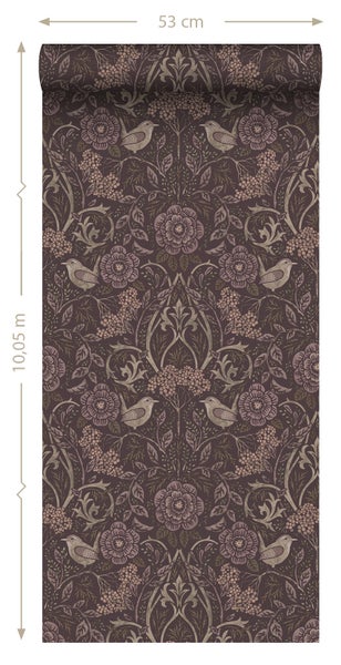 ESTAhome Tapete Blumen und Vögel mauve-violett - 53 cm x 10.05 m - 131208