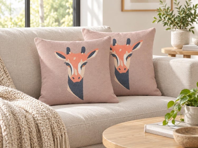 Zwei quadratische Dekokissen mit Giraffenmotiv auf einem Sofa im Wohnzimmer.