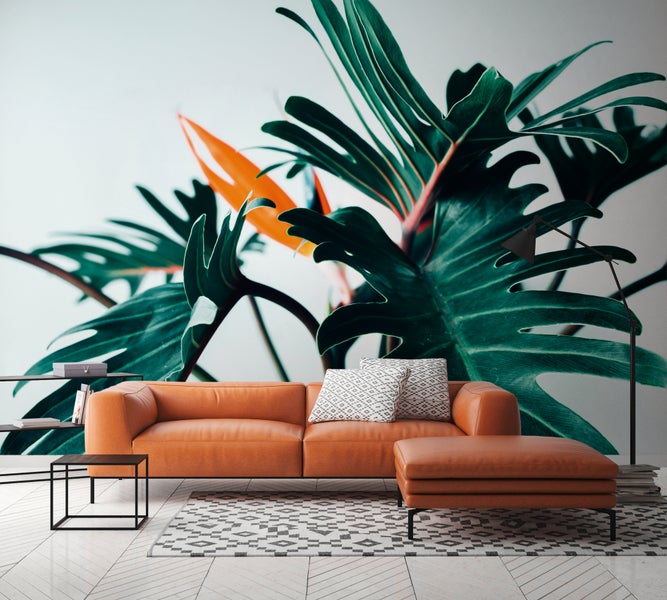 Vliestapete mit tropischem Pflanzenmotiv, Philodendronblättern und Strelitzie in einem modern eingerichteten Wohnzimmer mit Ledersofa.