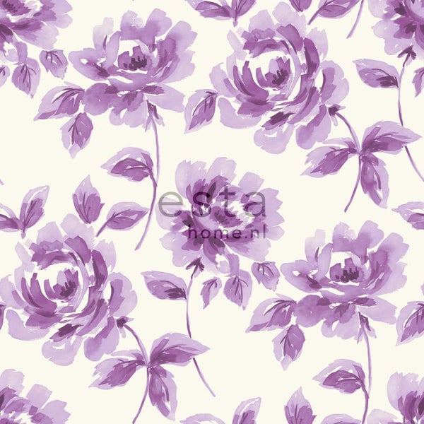 ESTAhome Tapete Aquarell gemalte Rosen Lila - 53 cm x 10.05 m - 128015