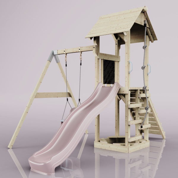 Spielturm mit Schaukel, Rutsche und Kletterseil aus Holz