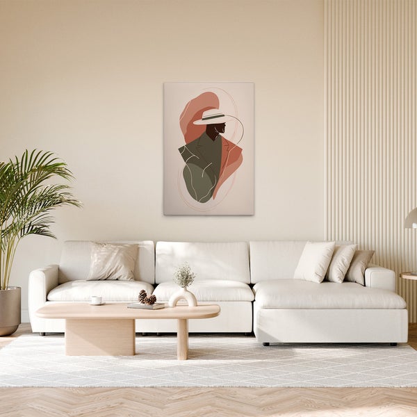 Wohnzimmer mit Leinwanddruck mit abstrakter Figurendarstellung