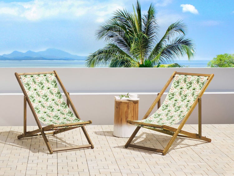 Set mit 2 klappbaren Liegestühlen ANZIO mit Ersatzstoffen Blumenmuster Akazienholz Hellbraun
