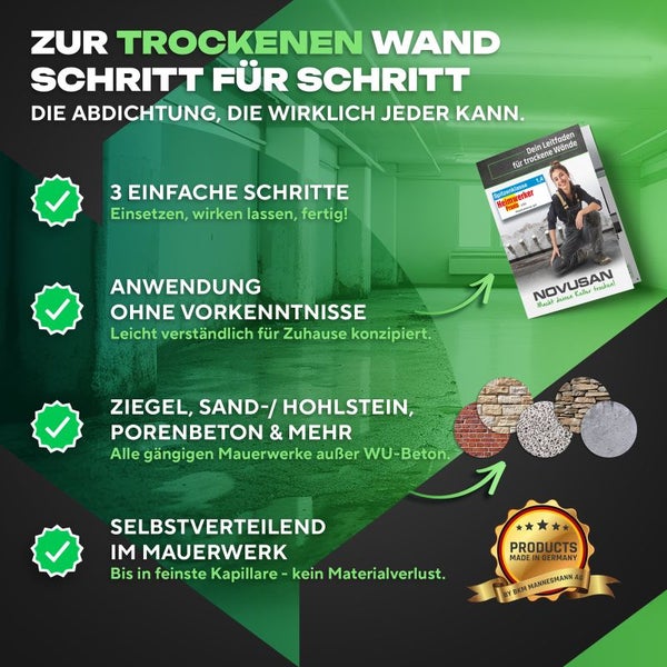 Informative Grafik zur Mauerwerksabdichtung für Ziegel, Sandstein und Porenbeton mit drei einfachen Anwendungsschritten für trockene Wände.