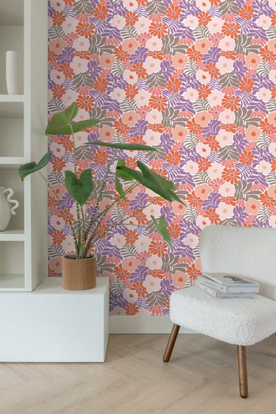 ESTAhome Tapete Blumen im Matisse-Stil Lila und Orange - 50 x 900 cm - 131007
