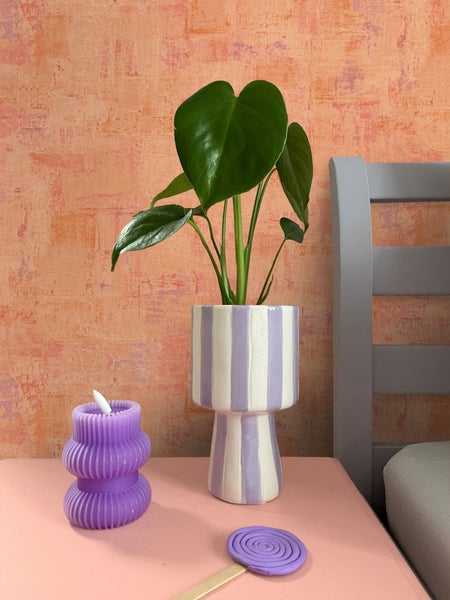 Dekorative Szene mit Zimmerpflanze in gestreiftem Topf, Kerze und Tischdekoration