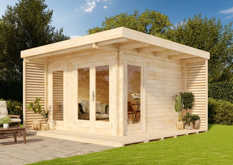 Alpholz Gardenlounge Cube - 44 Gartenhaus aus Holz, Holzhaus mit 44 mm Wandstärke inklusive Terrasse Blockbohlenhaus, Naturbelassen 4x4m