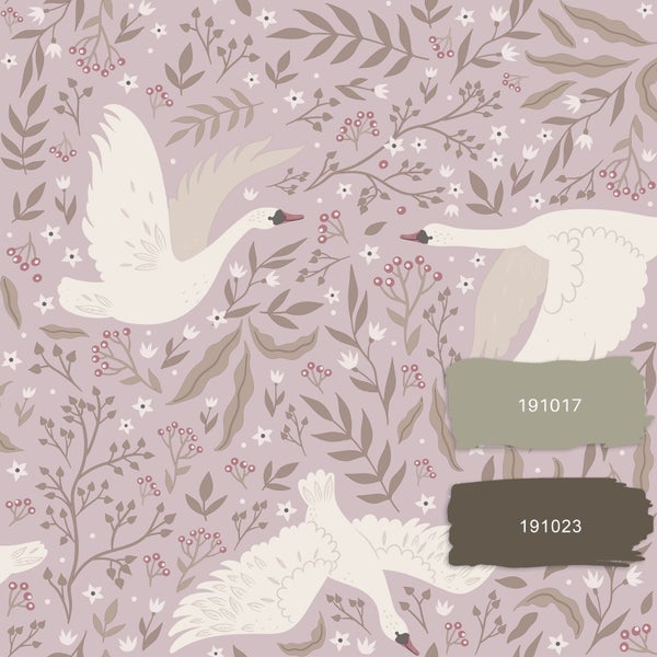 Vliestapete mit Schwanenmotiv, Blüten, Beeren und Blättern in einem illustrativen Stil.