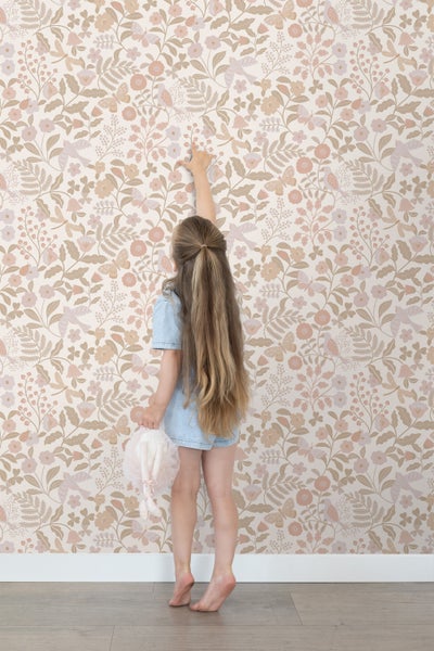 ESTAhome Tapete Blumen und Vögel Weiß, Beige und Hellrosa - 53 cm x 10.05 m - 139866