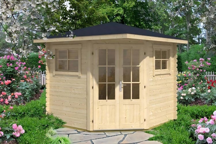 Alpholz 5-Eck Gartenhaus Sunny-B aus Massiv-holz Naturbelassen, Gerätehaus mit 28 mm Wandstärke, Garten Holzhaus inklusive Montagematerial, Geräteschuppen 250 x 250 cm, Spitzdach
