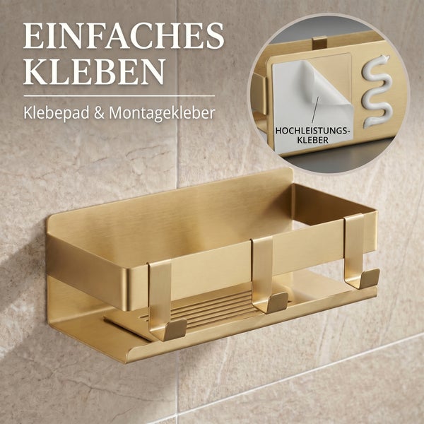 Goldfarbenes Duschregal mit Haken zur Klebemontage auf Fliesen inklusive Klebepad und Montagekleber.
