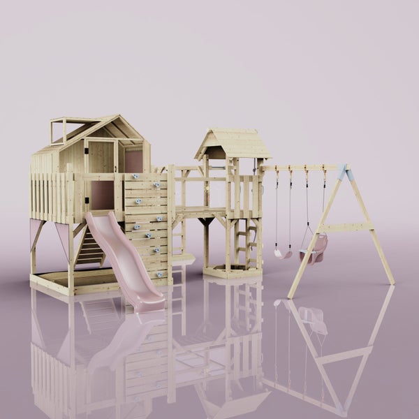 Holzspielplatz mit Rutsche, Kletterwand und Schaukel