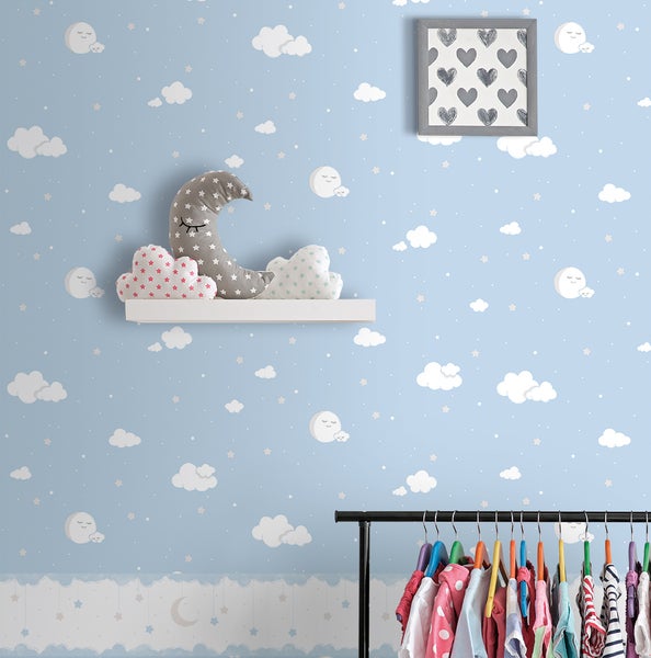 Tapete mit Monden, Sternen und Wolken für Kinderzimmer