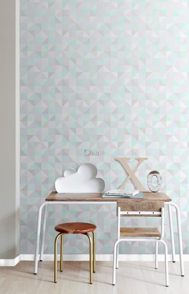 Origin Wallcoverings Tapete Dreiecke Pastellviolett, Pastell Mintgrün, Silbergrau und Pastellblau - 53 cm x 10.05 m - 337205