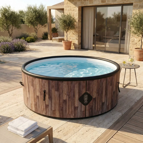 Runder aufblasbarer Whirlpool in Holzoptik mit COCO SPA Logo auf einer sonnigen Terrasse. Der Pool ist mit Wasser gefüllt.