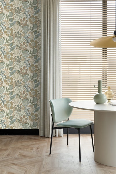 ESTAhome Tapete Blumenmuster Beige, Blau und Grün - 53 cm x 10.05 m - 139676