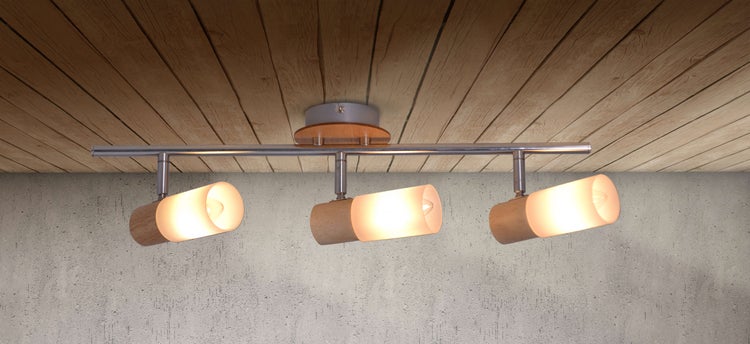 Deckenleuchte mit drei Strahlern, Holz und Metall