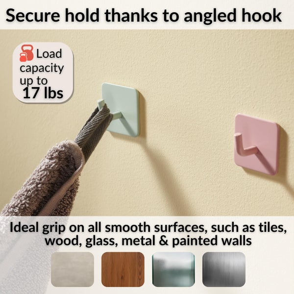 Selbstklebende Wandhaken mit abgewinkeltem Design, Tragkraft bis zu 8 Kilogramm, für glatte Oberflächen wie Fliesen, Holz, Glas und Metall.