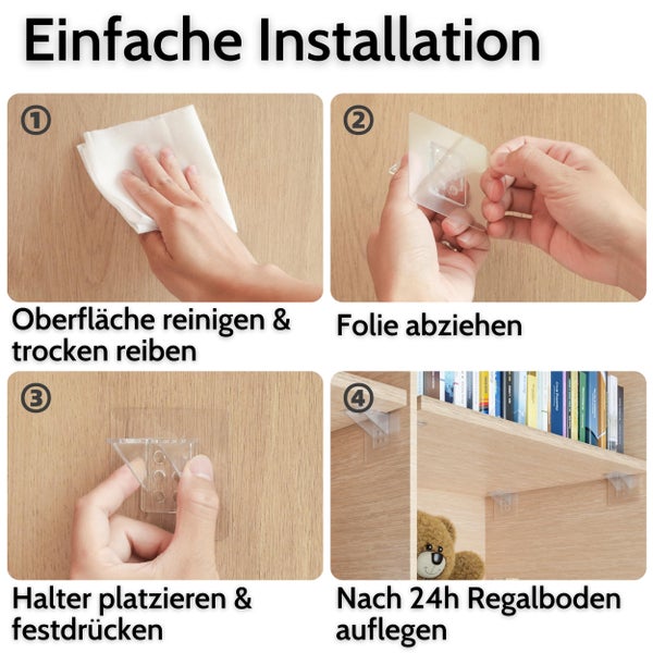Vierstufige Montageanleitung für selbstklebende Regalhalter: Reinigen, Folie abziehen, Festdrücken und nach 24 Stunden Belasten.
