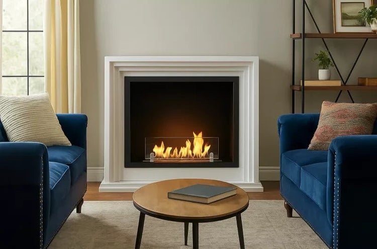 Wohnzimmer mit Kamin und blauen Sofas