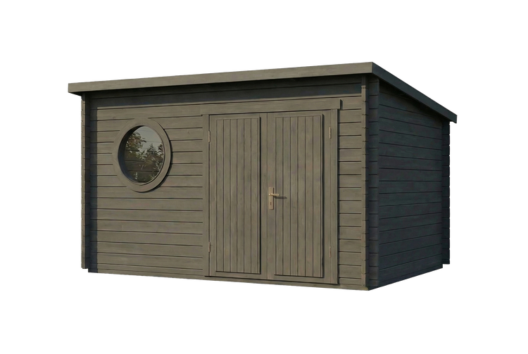 Gartenhaus aus Holz mit Pultdach, Doppeltür und rundem Fenster.