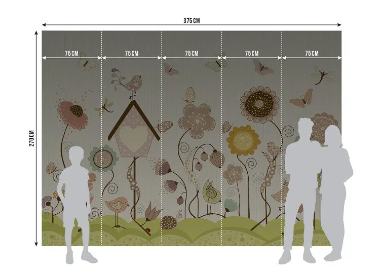 Fototapete mit spielerischem Gartenmotiv, Blumen, Vögeln und Vogelhaus. Gesamtgröße 375 mal 270 Zentimeter, 5 Bahnen zu je 75 Zentimeter.