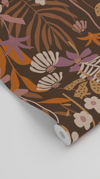 ESTAhome Tapete tropische Blätter und Blüten Braun, Lila und Mehrfarbig - 50 x 900 cm - 130998