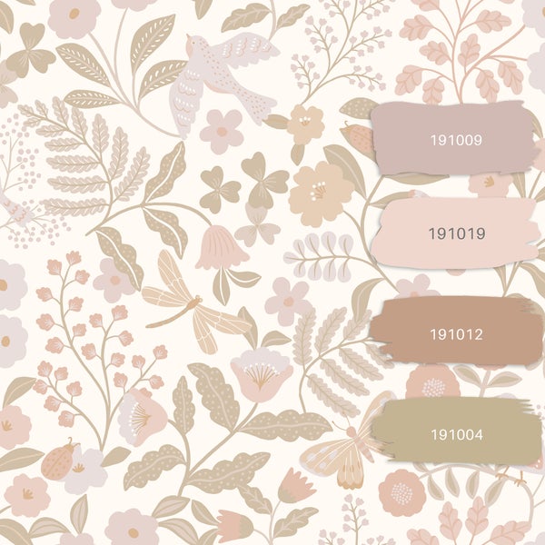 ESTAhome Tapete Blumen und Vögel Weiß, Beige und Hellrosa - 53 cm x 10.05 m - 139866