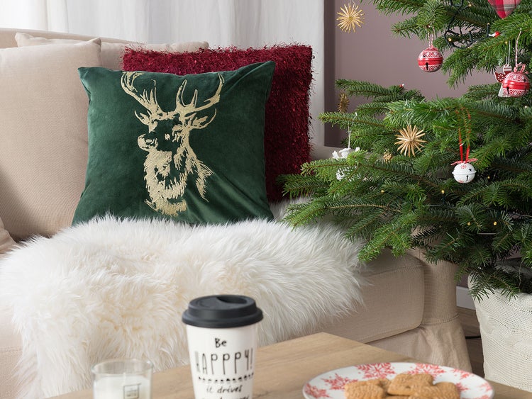 Dekokissen 2er Set BLITZEN Samtstoff 45 x 45 cm Dunkelgrün Weihnachtsmotiv