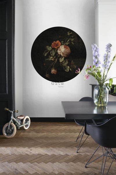 ESTAhome selbstklebende runde Tapete Blumenstillleben Dunkelrot und Schwarz - Ø 140 cm - 159014