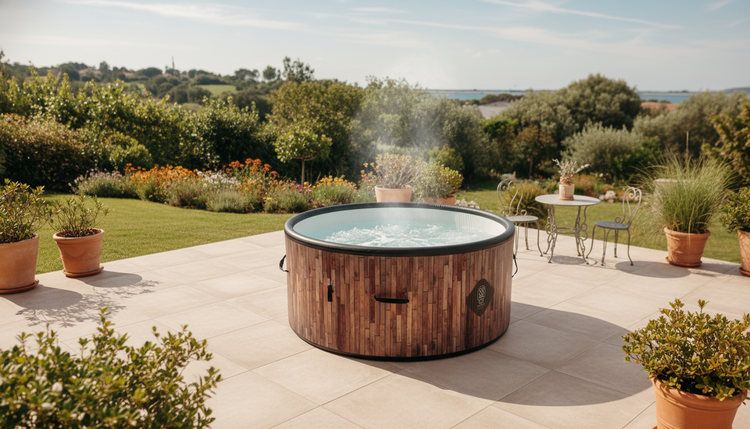 Runder Whirlpool in Holzoptik auf einer Steinterrasse im Garten mit Blumen und Pflanzen.