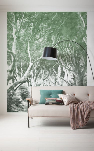 Wohnzimmer mit Fototapete mit Baumallee, Sofa und Stehlampe