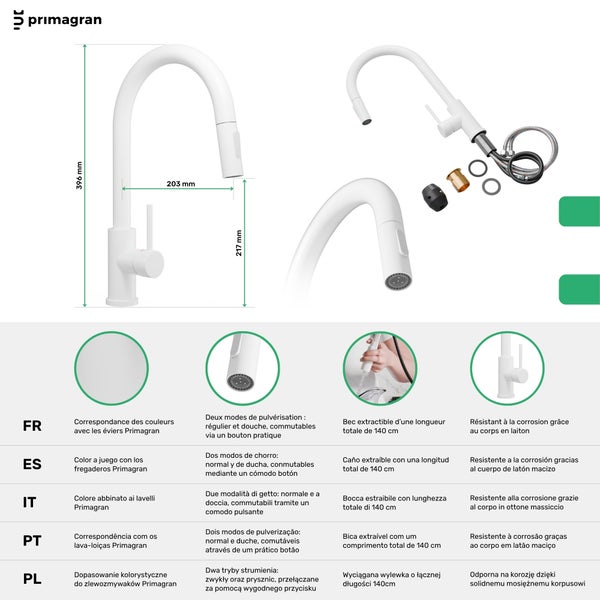 Küchenarmatur mit ausziehbarer Brause und Maßangaben