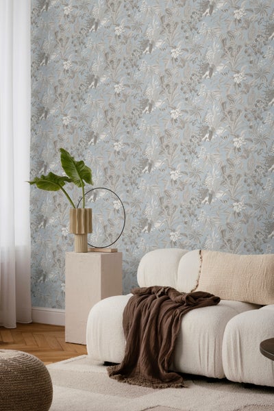 Sanders und Sanders Tapete tropische Blätter und Blüten Graublau - 53 cm x 10 m - 640243