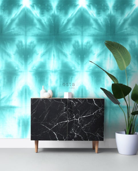 ESTAhome Fototapete wandfüllendes Tie-Dye Shibori Muster Türkis - 100 x 279 cm - 158822