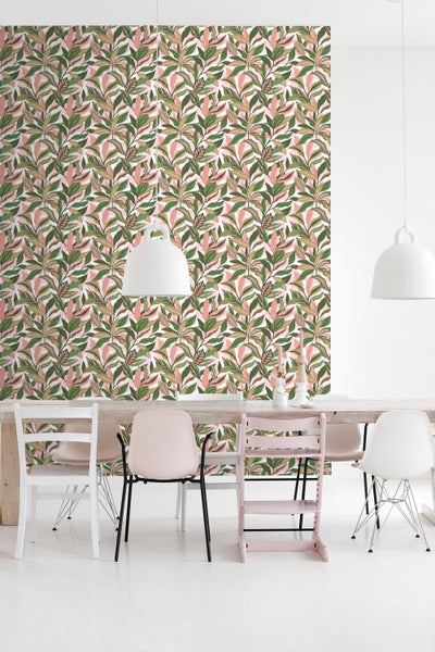 ESTAhome Tapete tropische Blätter Grün und Rosa - 50 x 900 cm - 131041