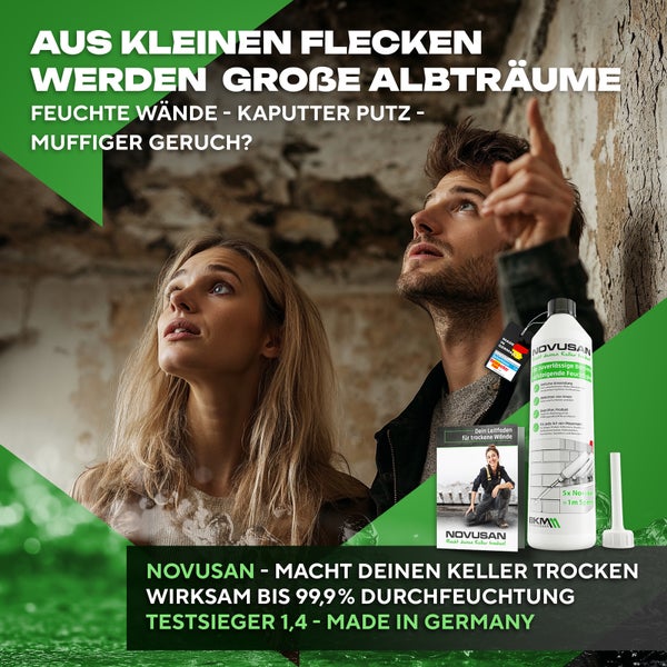 Novusan Set zur Mauertrockenlegung bei feuchten Wänden, inklusive Injektionsflasche, Anleitung, Siegel für Testsieger und Personen vor Putzschäden.