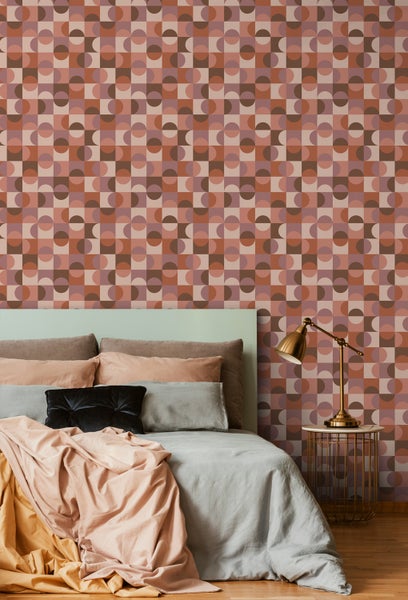 ESTAhome Tapete Kreise im Bauhaus-Stil Terrakotta, Lila und Braun - 50 x 900 cm - 131244