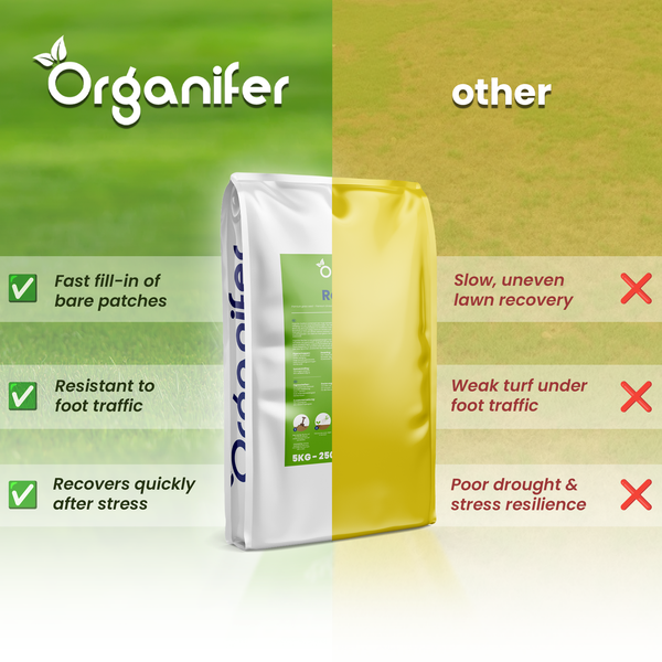 Organifer Logo. Vergleich von Rasensamen: schnelles Schließen von Kahlstellen, hohe Trittfestigkeit und rasche Regeneration nach Belastung.