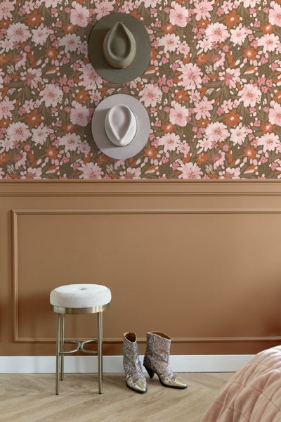 ESTAhome Tapete Blumen Hellrosa, Terrakotta und Graugrün - 50 x 900 cm - 130926