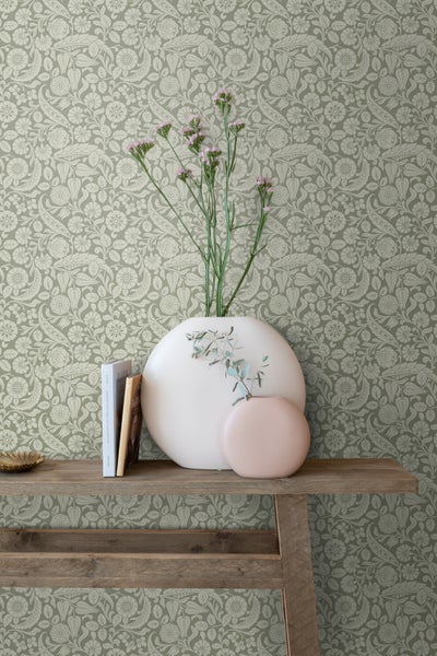 ESTAhome Tapete Blumenmuster Olivgrün - 50 x 900 cm - 139784