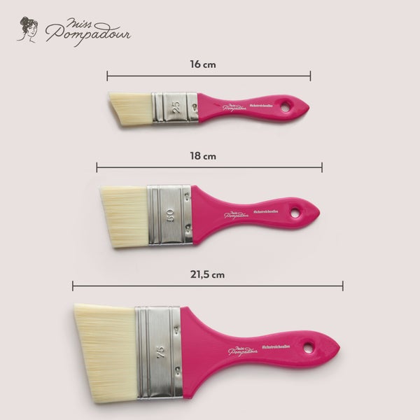 MissPompadour 3er Pinselset für Wandfarbe, Kreidefarbe, Holzfarbe, Möbelfarbe - Malerset mit 3 Pinseln für Lack, Lasur, Acrylfarbe - Pinsel Set Malerpinsel, Borstenpinsel 25mm, 50mm, 75mm