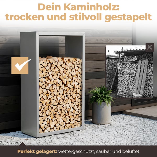 Modernes Kaminholzregal aus Metall mit ordentlich gestapeltem Brennholz vor einer Holzwand im Außenbereich.