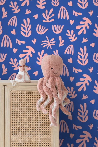 ESTAhome Tapete Pflanzen im Matisse-Stil Blau und Rosa - 50 x 900 cm - 131022