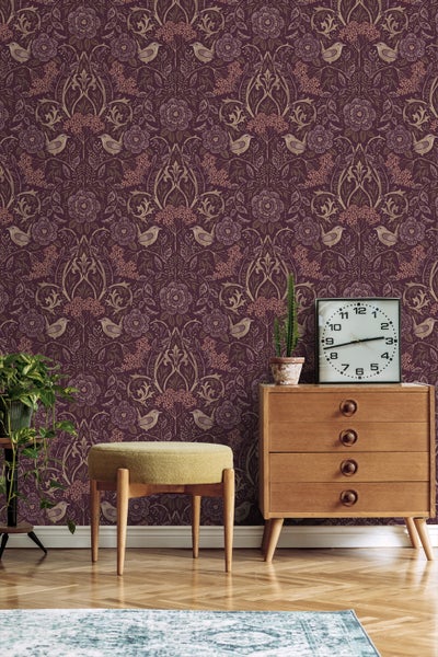 ESTAhome Tapete Blumen und Vögel Aubergineviolett - 50 x 900 cm - 131635